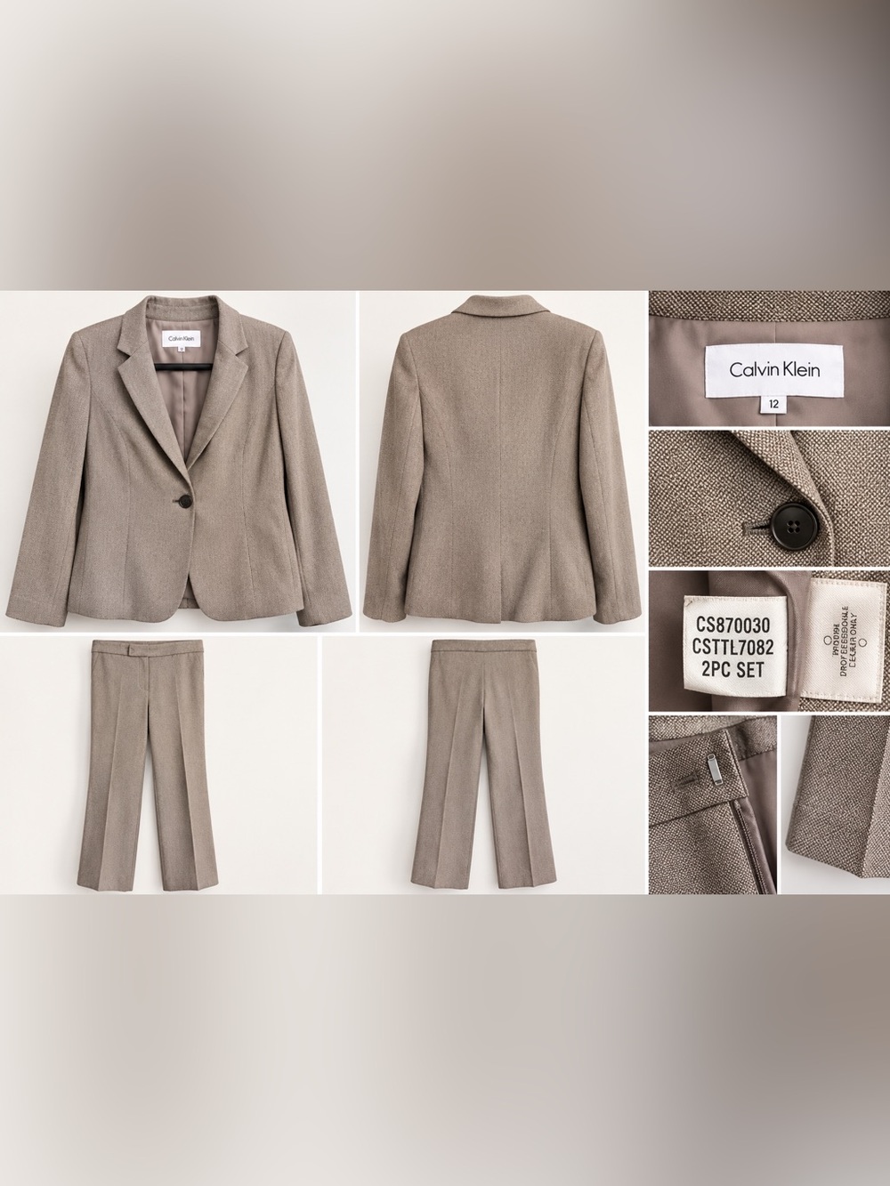 Calvin Klein Gray 2 Piece Women’s Pant Suit Blazer size 12 & Pant size 14